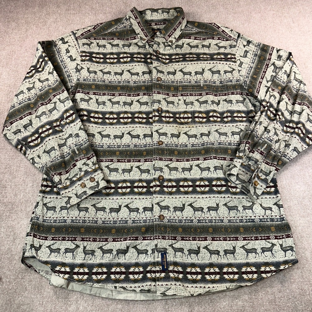 Woolrich Mens Large Deer Southwestern Print Flannel Button Down Shirt Green L